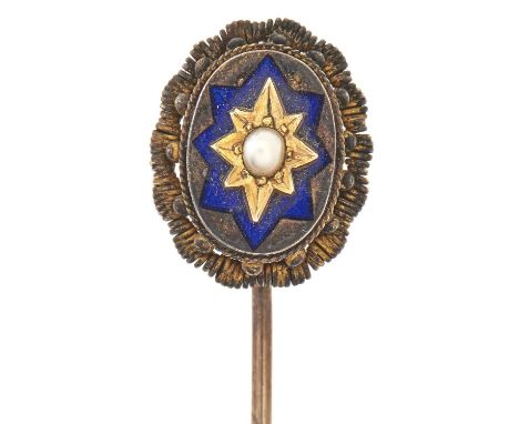 A Victorian gold stickpin, with oval seed pearl set enamel terminal, 3g 
