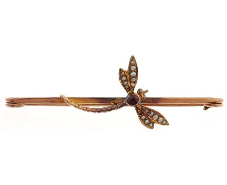 A split pearl and ruby paste dragonfly brooch, in gold, 5.9g 
