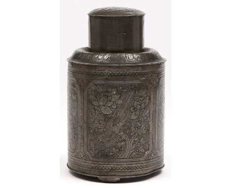 A Chinese cylindrical pewter tea caddy and cover, late 19th c, engraved with panels of birds and flowers, 18cm h, stamped sea