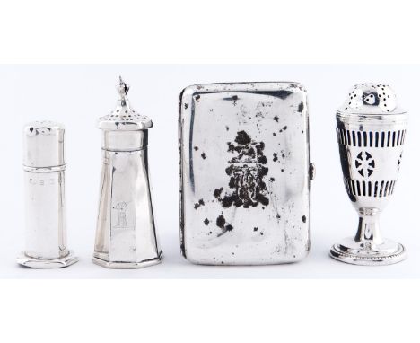 An Edwardian silver lady's cigarette case, 82mm, by S Mordan &amp; Co Limited, London 1902 and three silver pepper casters, 5