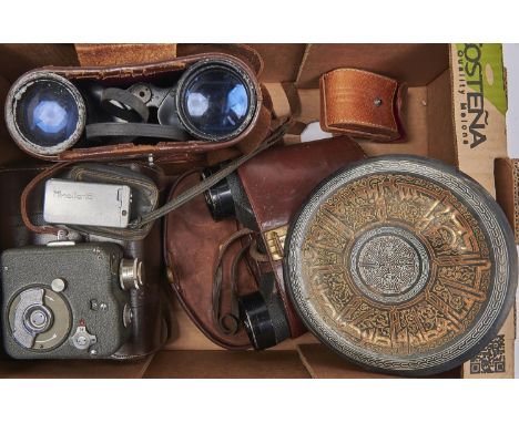 A pair of Zeiss 8x50b binoculars, a Minolta 16 miniature roll film camera, a 9.5mm cine camera, etc 