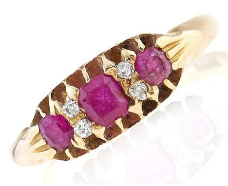 A ruby and diamond ring, early 20th c, in gold marked 18ct, 2.9g, size O 