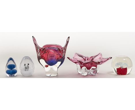 Two Czechoslovakian cased glass free form vases, 1960's, 10 and 19cm h, one with Bohemia Glass paper label and three glass pa