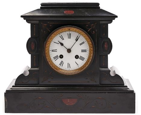 A noir belge mantel clock, late 19th c, of architectural form, with enamel dial and bell striking movement, pendulum, 26cm h 