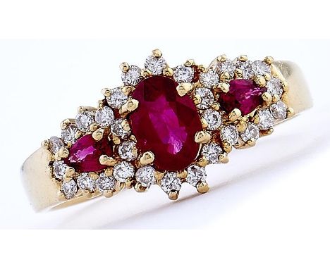 A ruby and diamond triple cluster ring, in 18ct gold, 3.7g, size L½ 