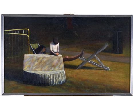British School, 20th c - Two Deckchairs, signed with initials I R and dated '82, oil on canvas, 44.5 x 75cm 
