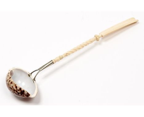 A Victorian punch ladle, second half 19th c, with cowrie shell bowl, nickel plated brass mount and turned bone handle, 36cm l