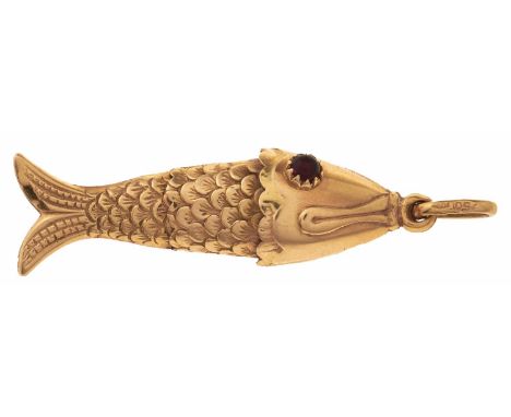An articulated gold fish charm, with ruby cabochon eyes, marked 750, 5g 
