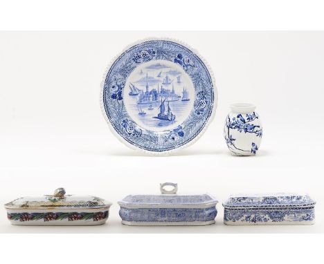 A blue printed earthenware British Marine pattern plate, mid 19th c, 26.5cm diam, printed mark, three Victorian blue and whit