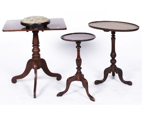 A Victorian mahogany pedestal table with oblong top, 19th c, 67cm l, restored, top re-polished, two tripod tables and a stool