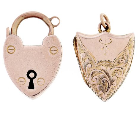 An Edwardian 9ct gold shield shaped locket, 21mm, maker S&amp;P, Birmingham, c1904 and a 9ct gold padlock, Birmingham 1907, 5