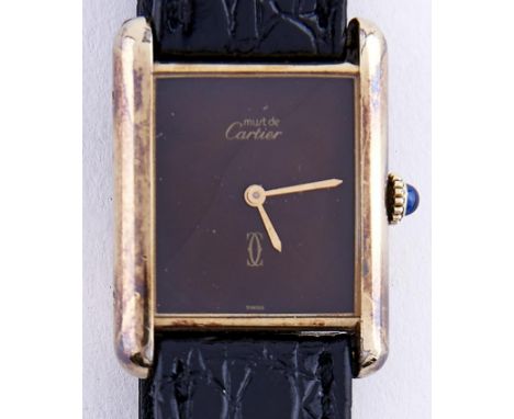 A Le Must de Cartier silver gilt wristwatch, with brown dial, mechanical movement, maker's box and undated warranty and guara