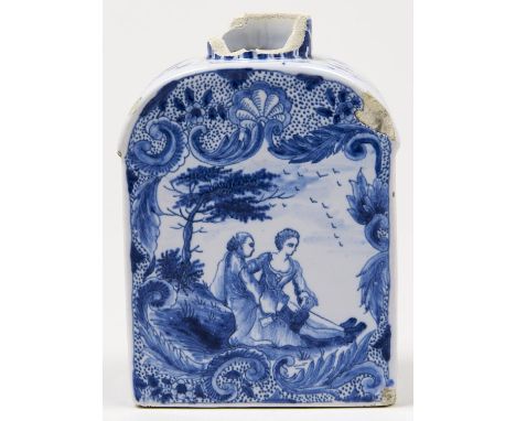 A Dutch Delft tea caddy, painted to the front with a lady and gentleman seated beneath a tree, the reverse with a flower spra