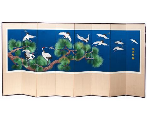 A South East Asian seven leaf screen decorated with calligraphy, late 20th c, 181cm h 