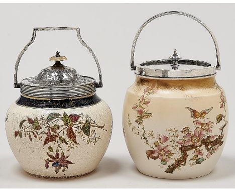 An EPNS mounted J Dimmock &amp; Co earthenware biscuit barrel and cover and a Wiltshaw and Robinson Carlton Ware example, bot