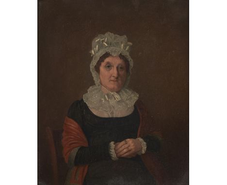 British School, 19th c - Portrait of a Lady,&nbsp; seated half length in a black dress and lace cap, oil on panel, 28.5 x 23c