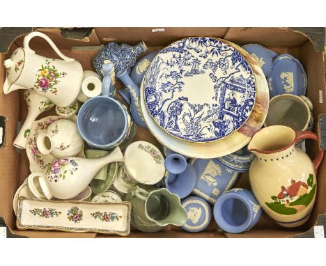 A quantity of Crown Staffordshire decorative ceramics, a Royal Crown Derby Mikado pattern plate, quantity of Wedgwood pale bl