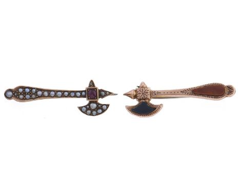 A 9ct gold and hardstone inset axe brooch, 40mm, by Joseph Cook &amp; Son, Birmingham 1922 and another, similar contemporary 