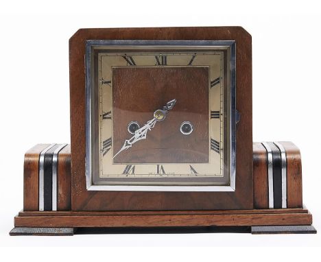 An art deco walnut veneered mantel clock, Enfield, c1930-40, the square dial with silver chapter ring, roman numerals, veneer