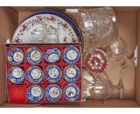 Miscellaneous glass and ceramics, including Derby and Newhall dishes, glass paperweights and enamel tea bowls 