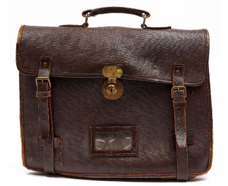 Vintage Luggage. A British Civil Service issue brown leather briefcase,&nbsp;stamped EIIR cypher and crown, brass lock, 45cm 