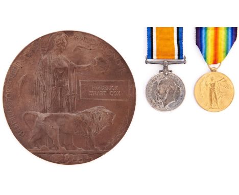 WWI pair and Memorial Plaque 353054 Pte F E Cox 7-Lond R, Frederick Ewart Cox 