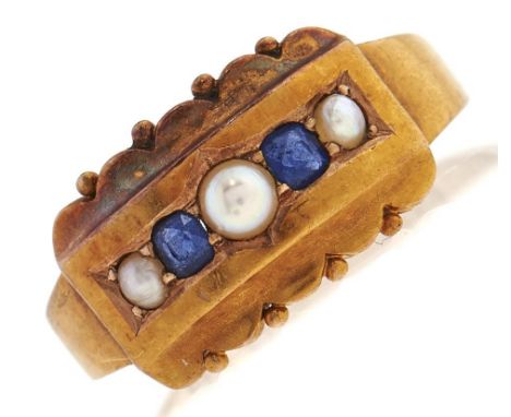 A Victorian sapphire and split pearl ring, in 15ct gold, Chester 1881, 1.9g, size K 