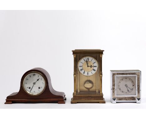 Five various brass and other mantel clocks / timepieces, including an art deco chromium plated example inscribed R Stewart Li