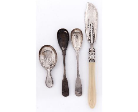 A George V silver caddy spoon,&nbsp; maker HW Ld, Sheffield 1921, a pair of Scottish silver mustard spoons, Edinburgh 1822 an