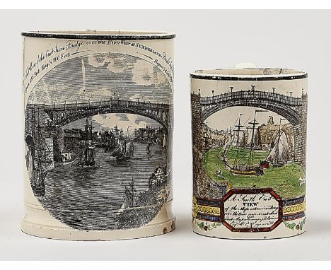 A Sunderland creamware mug, Low Ford or Dawson's Pottery, c1800,&nbsp;printed in sepia and enamelled with the Wear Bridge, pr