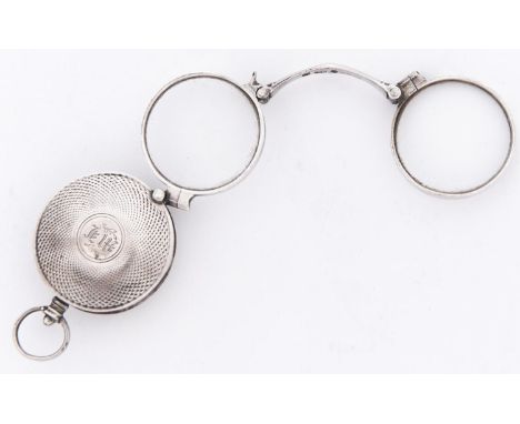 A pair of William IV silver folding spectacles, in engine turned watch case, 32mm diam, by Joseph Willmore, Birmingham 1831 