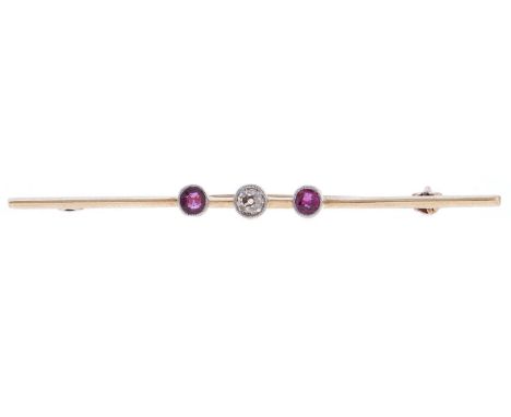 A ruby and diamond brooch, early 20th c, millegrain set on gold knife wire, 55mm, marked 9ct PLAT, 2.2g 