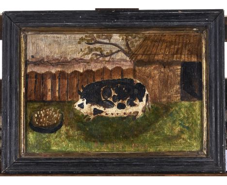 British Naive Artist - A Fat Pig, with signature S HEEP and inscribed, oil on panel, 17 x 25cm 