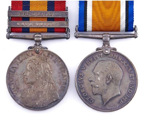 Anglo Boer War - WWI pair, Queen's South Africa Medal, two clasps, Cape Colony and South Africa 1902 and British War Medal 42