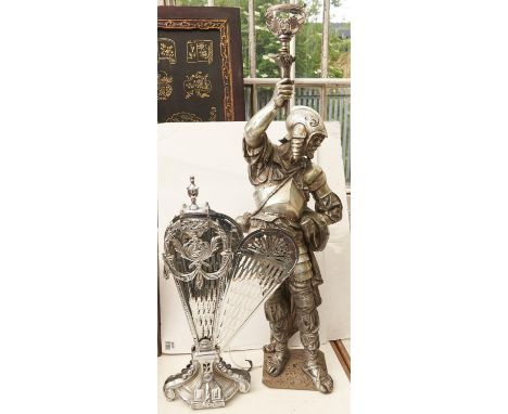 A silvered metal figural lamp in the form of a knight in armour, 104cm h and chromium plated fan firescreen 