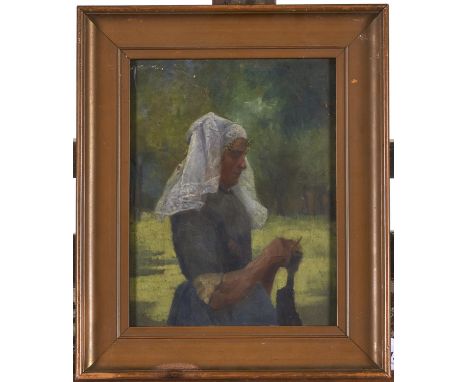 19th c School - Study of a Woman Knitting, oil on panel, 26 x 19.5cm 