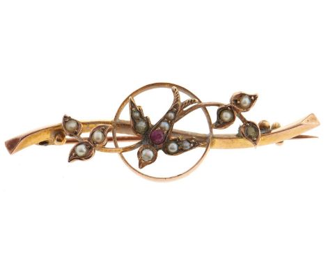 A ruby and split pearl swallow brooch, in 9ct gold, Chester, date letter obscured, c1905, 2.3g 