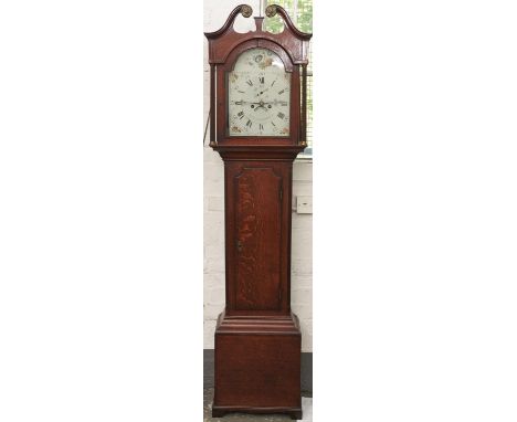An oak eight day longcase clock, Jas Coates Horncastle, early 19th c, breakarched painted dial with subsidiary seconds ring, 