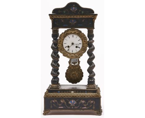 A French ebonised portico clock, late 19th c, applied embossed giltmetal mounts, inlaid to the pediment and frieze with cut b