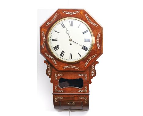 A mother of pearl inlaid rosewood veneered drop cased wall clock, c1850, the octagonal border segmental veneered and inlaid w