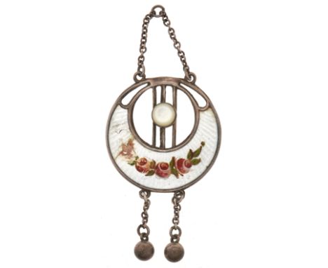Charles Horner. A moonstone and pierced silver and enamel pendant, maker's mark, Chester 1918