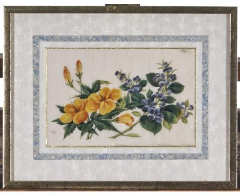 Chinese School, 19th c - Flowers; Butterfly Flowers, two, rice paintings, 17 x 26cm and another item (3) 