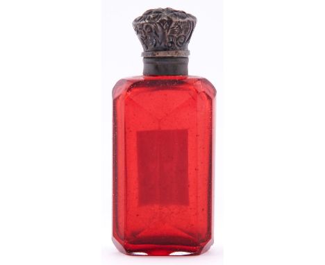 A Victorian silver mounted ruby glass scent bottle, c1880, 7cm h, unmarked 