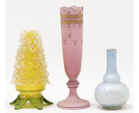 A yellow-green glass fairy light in the form of a fir tree, a pale blue satin glass vase and a slender gilt pink satin glass 