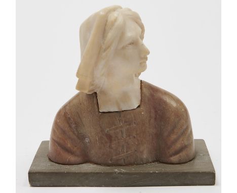 A French or Belgian alabaster sculpture, c1920, of the head and shoulders of a young woman on light grey slate base, 15.5cm h