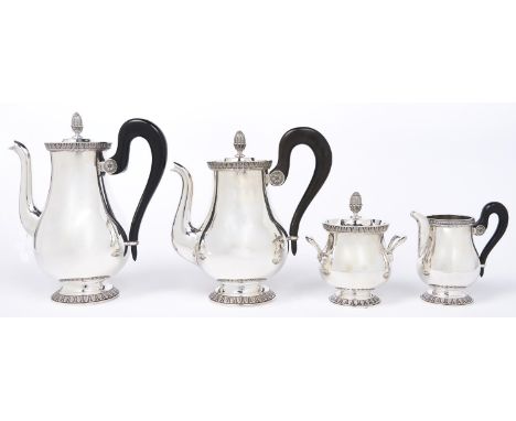 A French EPNS tea and coffee service, late 20th c, of baluster shape, coffee pot and cover 25cm h, by Christofle, each boxed 