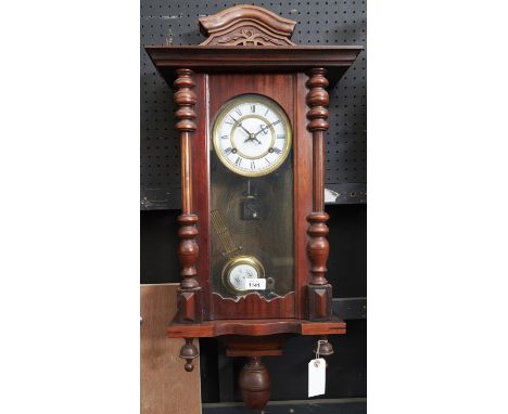 A mahogany-stained Vienna wall clock, c1900, with enamel dial, pendulum, 76cm h 