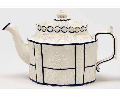 A felspathic stoneware teapot and sliding cover, attributable to Sowter &amp; Co, Mexborough, c1810, the decorative relief mo