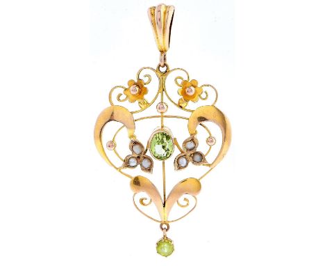 An Art Nouveau&nbsp; peridot and split pearl set gold openwork pendant, c1910, 47mm, maker s bros and marked 9ct gold, 2.2g 