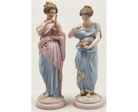 A pair of Robinson and Leadbeater tinted Parian ware classical figures, c1895, of maidens with lyre or lamp, shape numbers 70